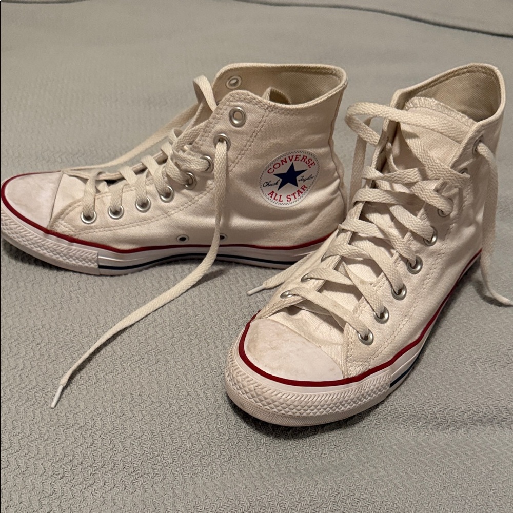 Converse High Top Sneakers in Cream with Red Trim